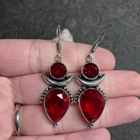 Fairy Core Garnet Crescent Moon Witchy Earrings Crystal Stone Jewelry - Picture 3 of 5